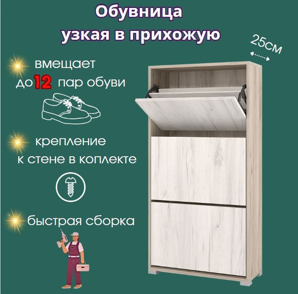 Этажерка для обуви Эталон-М Обувница для прихожей закрытая 3 ящика ...