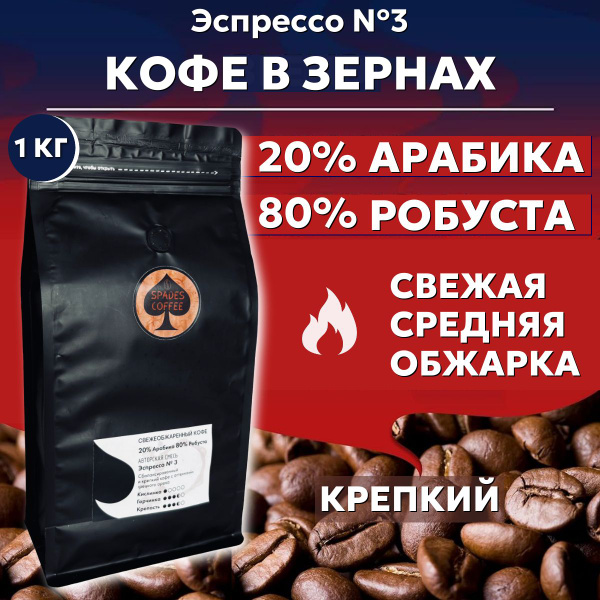Кофе в зернах Эспрессо смесь №3, Арабика, Робуста, свежеобжаренный ...