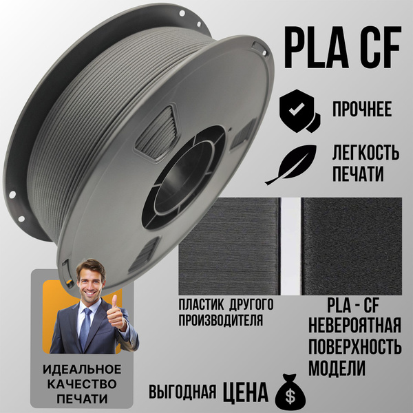 PLA CF, Carbon Fiber, Пла Кф пластик для 3д принтера Черный 1.75мм 1кг ...