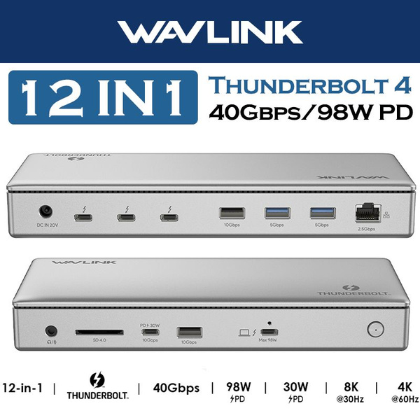 WAVLINK Док-станция Thunderbolt 4 12 В 1 40 Гбит / с, с питанием 98 Вт ...