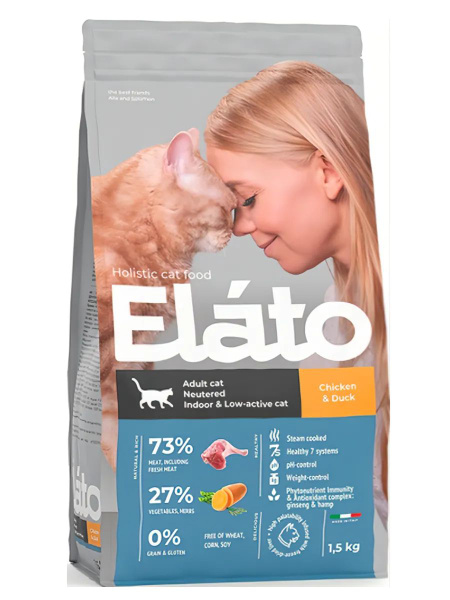 Корм сухой для стерилизованных кошек ЭЛАТО Holistic курица и утка 1,5 ...