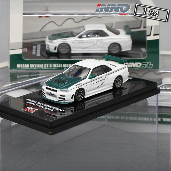 Voiture Miniature 1/64 Nissan Skyline R34 Nismo R-Tune MINES - Édition Limitée, Blanc/Capot Vert