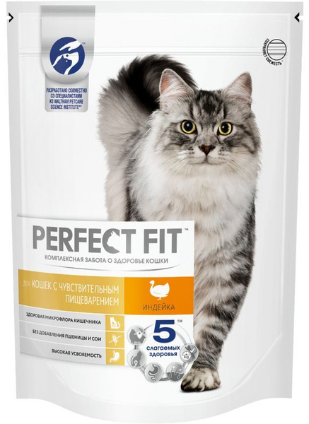 Корм сухой Perfect Fit с индейкой для взрослых кошек с чувствительным ...