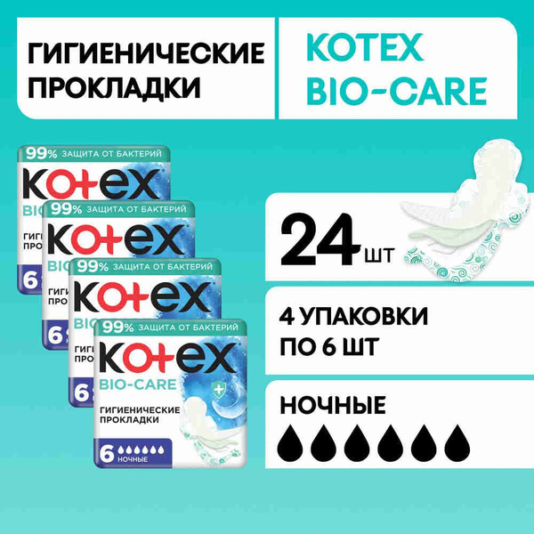 Прокладки женские ночные Kotex Bio-Care гигиенические, 24 шт купить на ...