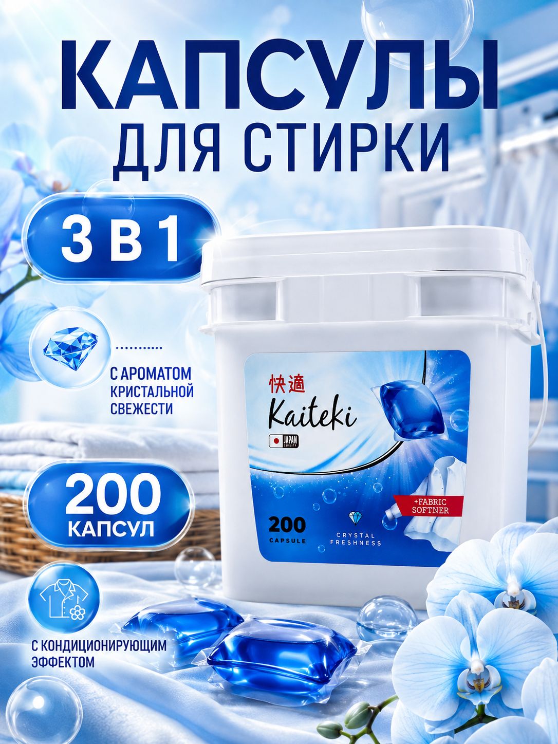 Kaiteki Капсулы для стирки 3в1, аромат Кристальная свежесть, 200 шт