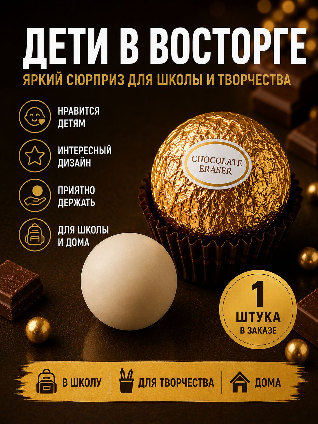 Круглый ластик-шар. Ластик-шар в виде шоколадной конфеты, 1 шт.