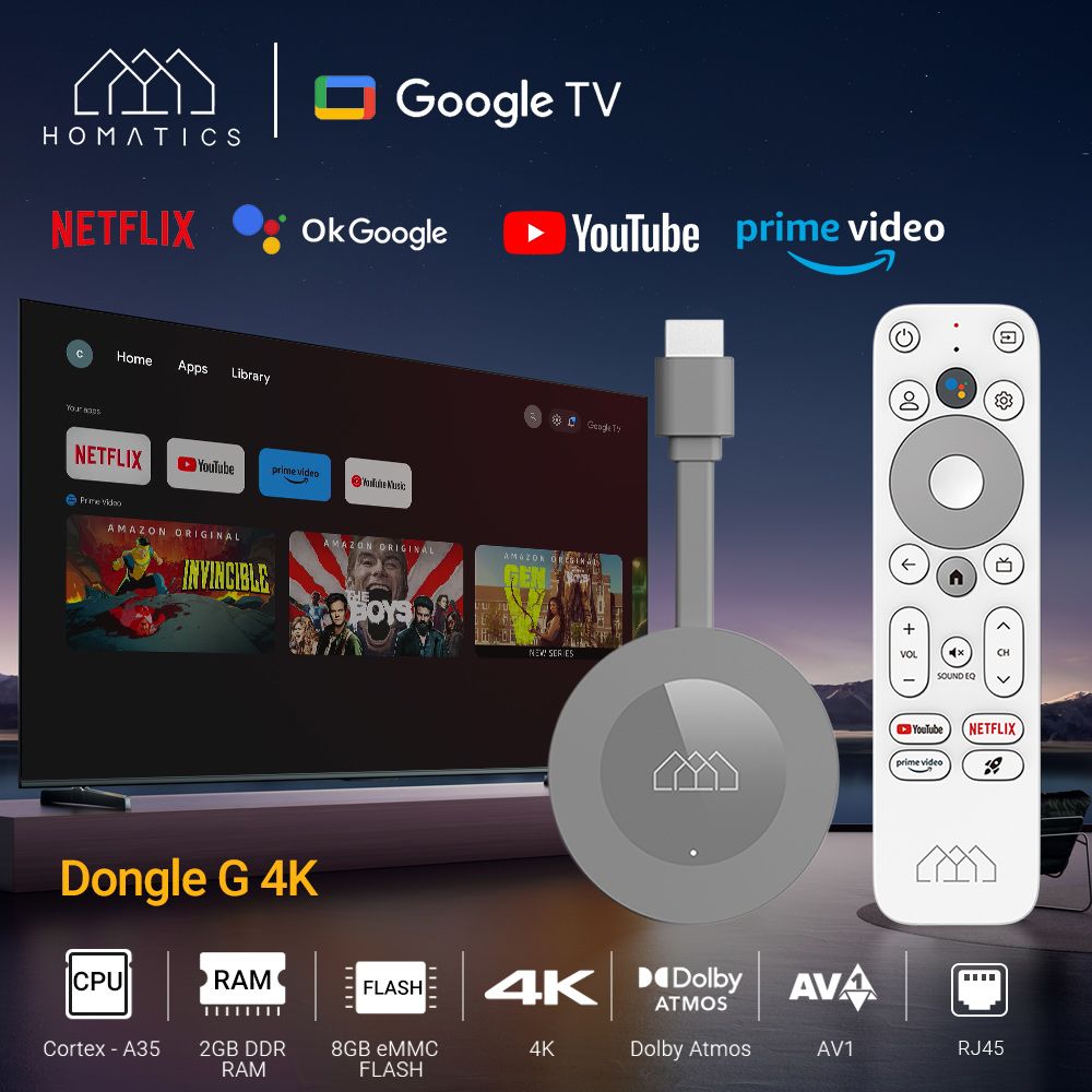 СмартТВприставкаHOMATICSDongleG4KGoogle&NetflixCertifiedTVStick2GB32GBGoogleTV12OSAmlogicS905Y4ПоддержкаAV14KH.265DolbyAtmos2T2RWifiBT5.0ГолосовойвводМедиаплеер