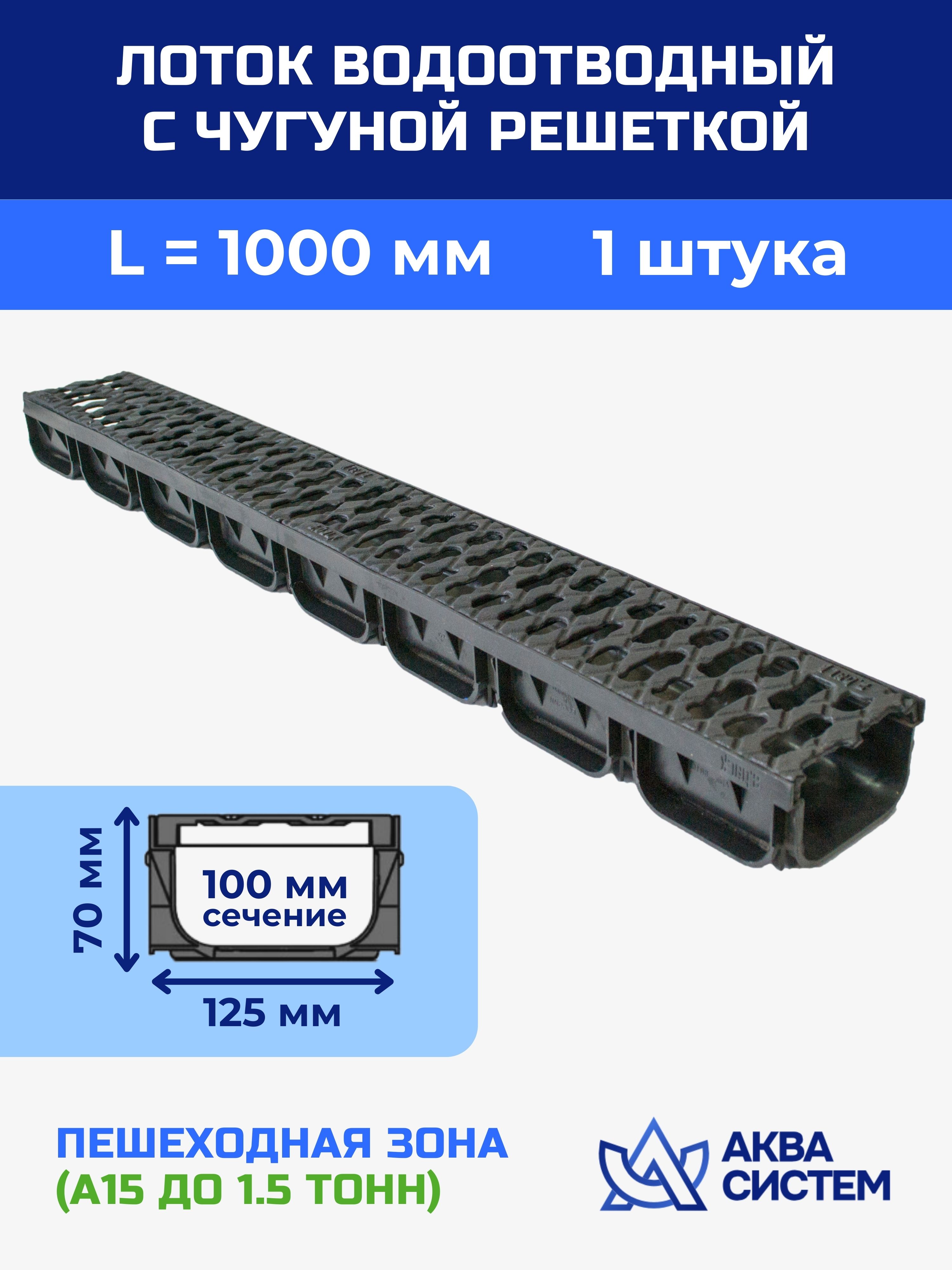 Лоток водоотводный 125x70х1000 мм пластиковый дренажный с решеткой щелевой чугунной