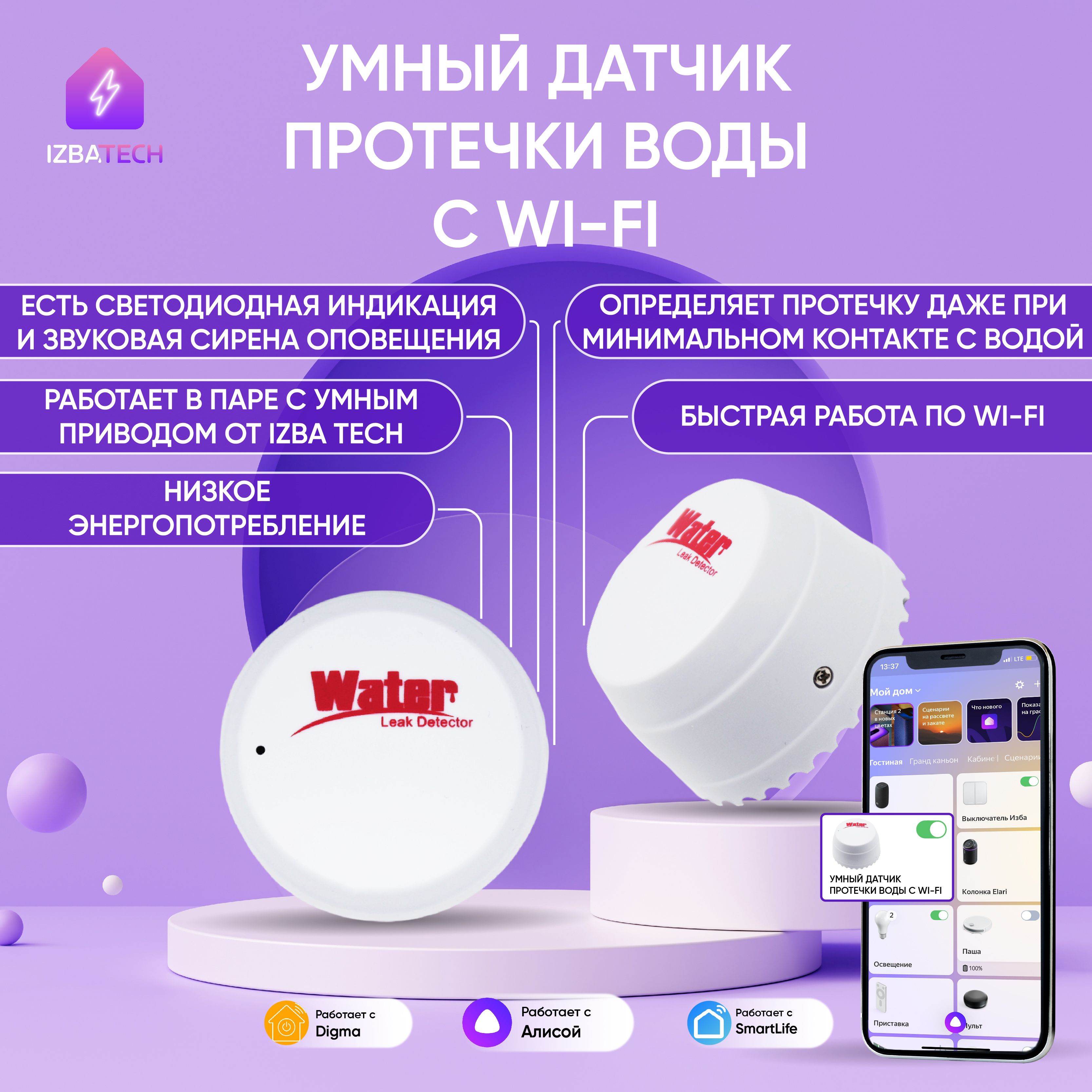 Умный датчик протечки воды с WIFI для умного привода / розетки