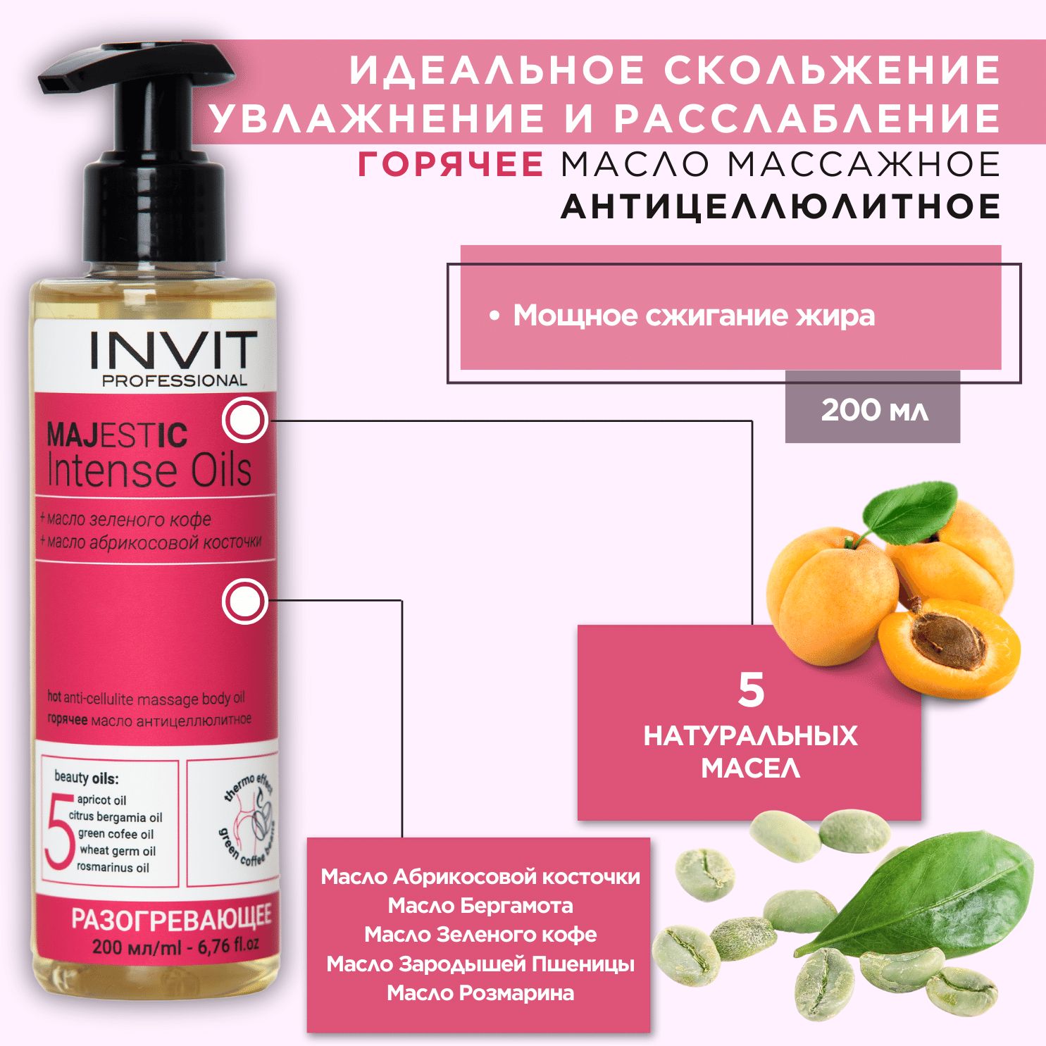 Антицеллюлитное разогревающее массажное масло для тела Majestic Intense Oils на основе масел зеленого кофе и абрикосовой косточки