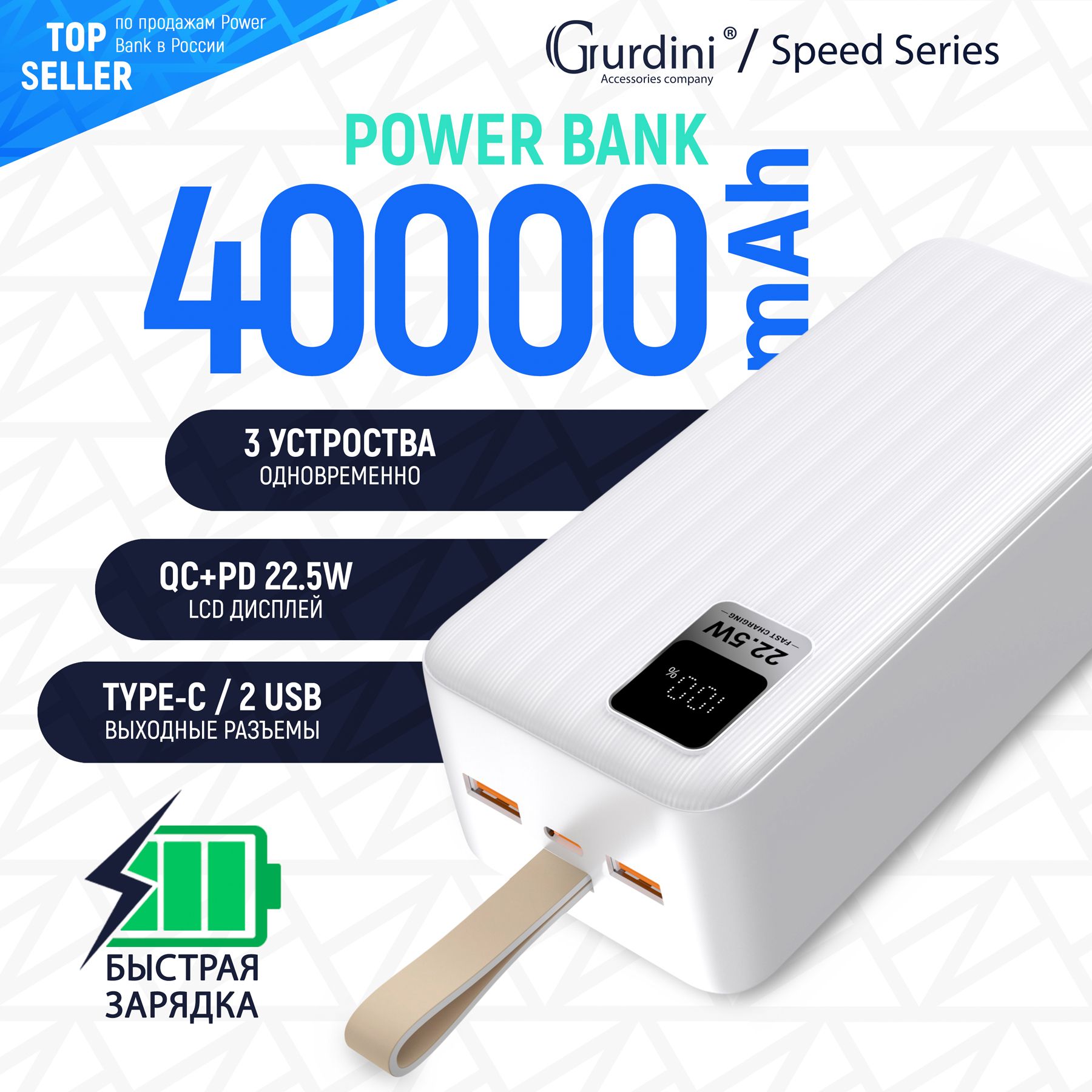 Внешнийаккумулятор40000mAhGurdiniPowerbankSpeedSeriesLCD+PD20W+QC22.5WуниверсальныйUSBType-Cбелыйсбыстройзарядкой