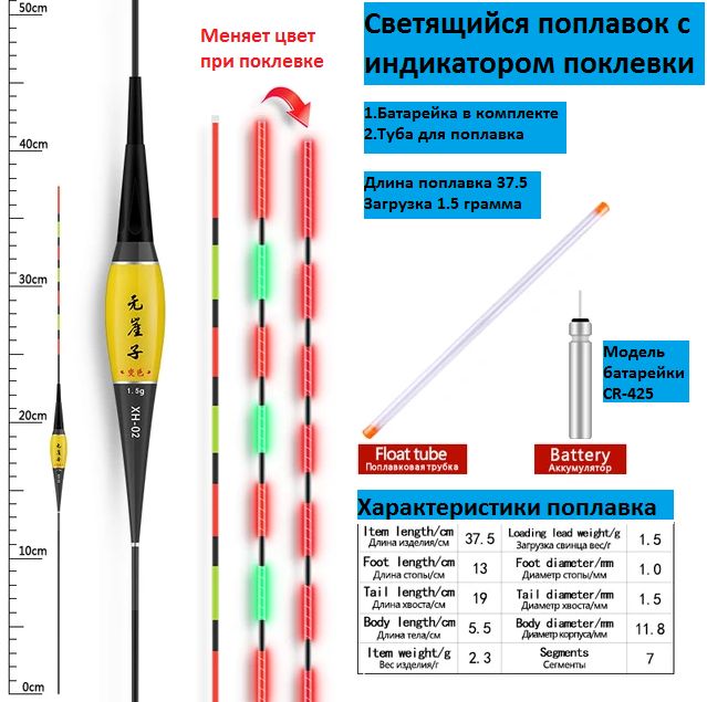 Умный поплавок светящийся для рыбалки с индикатором поклевки 1.5 грамма для ночной и дневной ловли