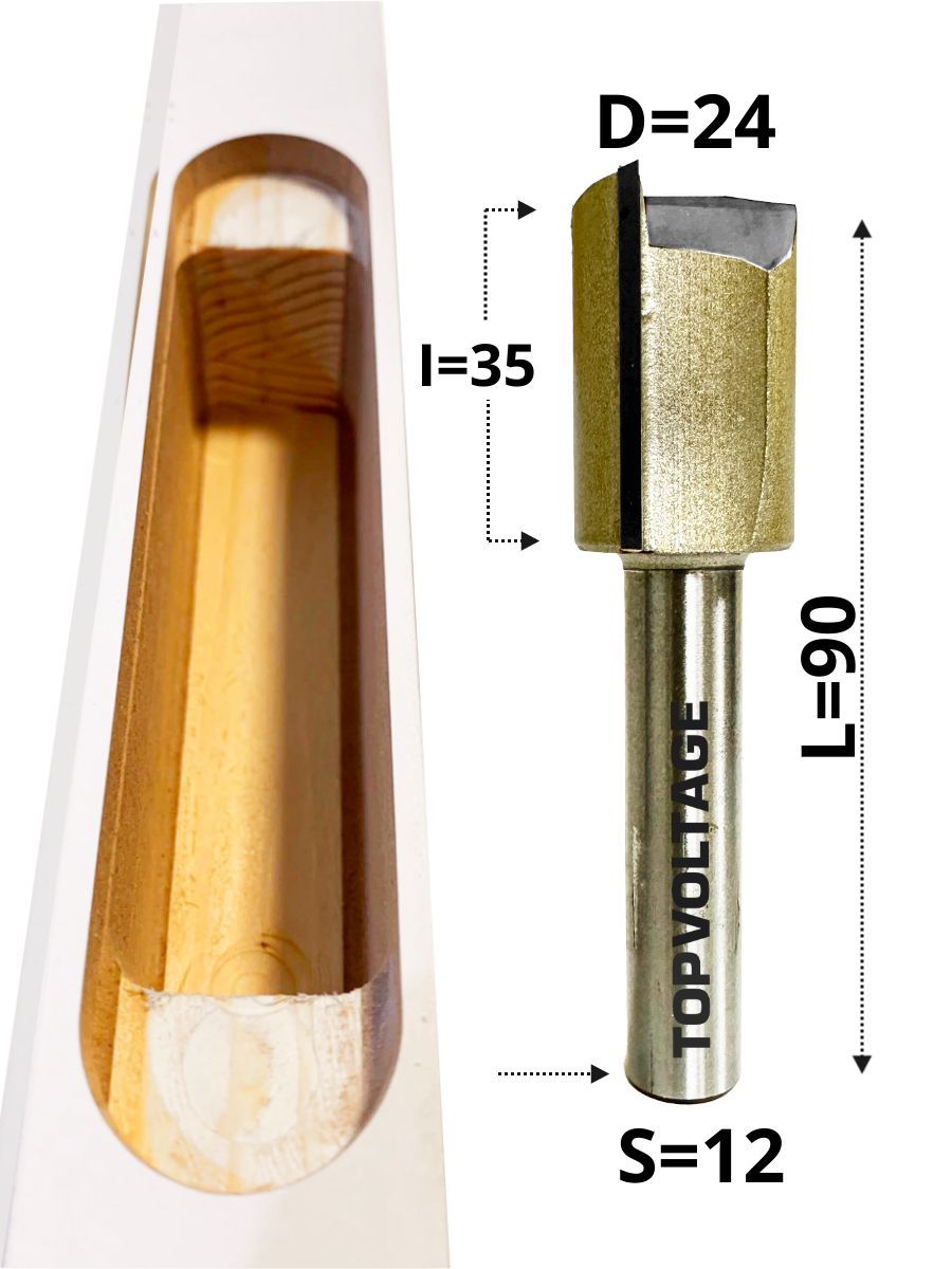 фреза пазовая прямая для врезки скрытых петель размеры 24х35х90 мм., хвостовик 12 мм., TOPVOLTAGE 103224