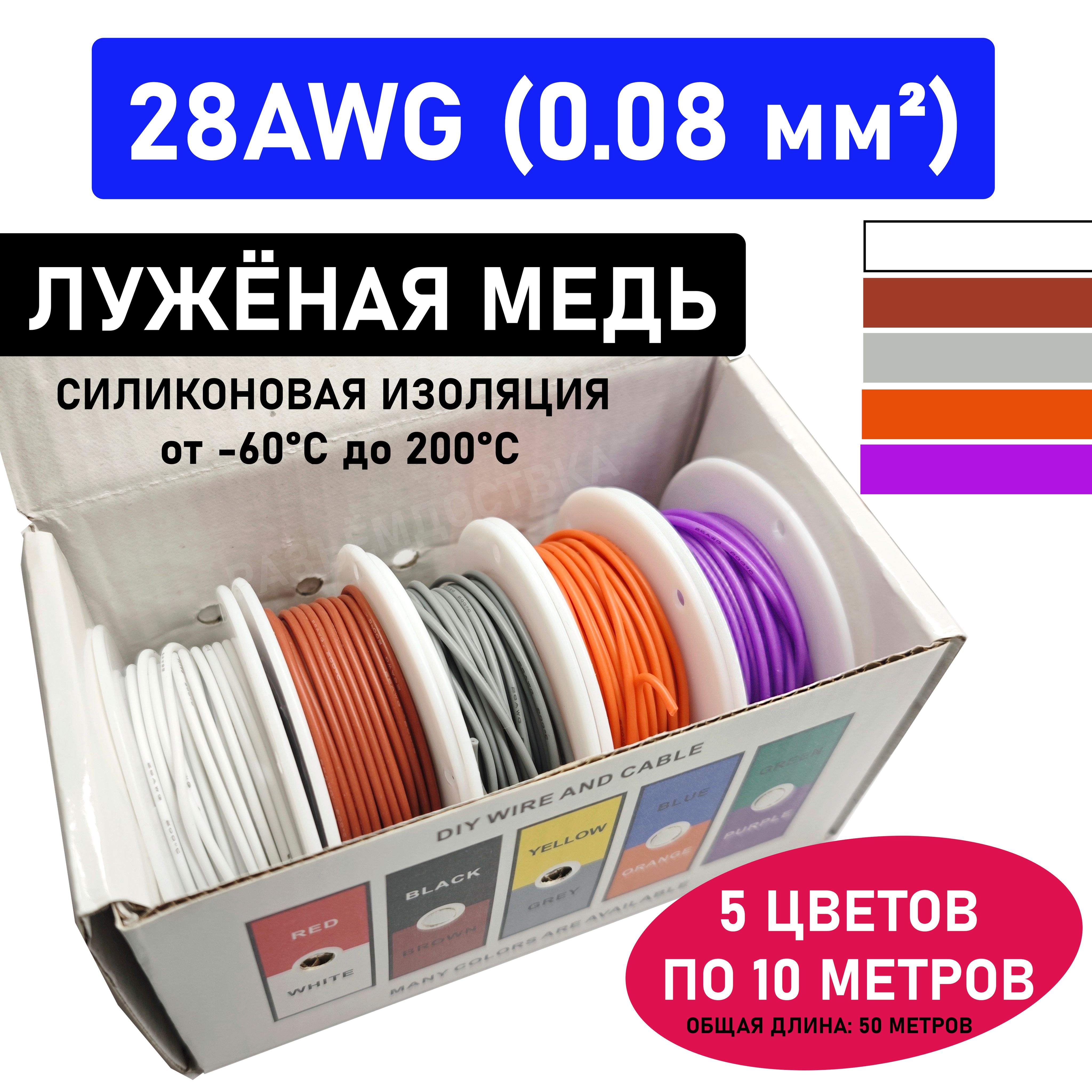 Проводмногожильный28AWG(0.08мм2)всиликоновойизоляции.Луженаямедь.5цветовпо10метров.