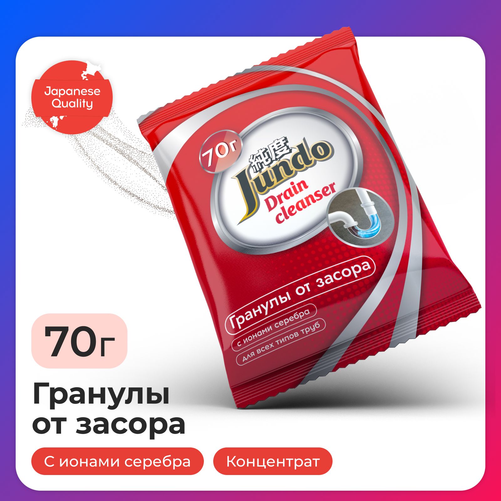 СредстводляпрочисткитрубиканализацииотлюбыхзасоровJundo70г,DrainCleanserбеззапаха,гранулы