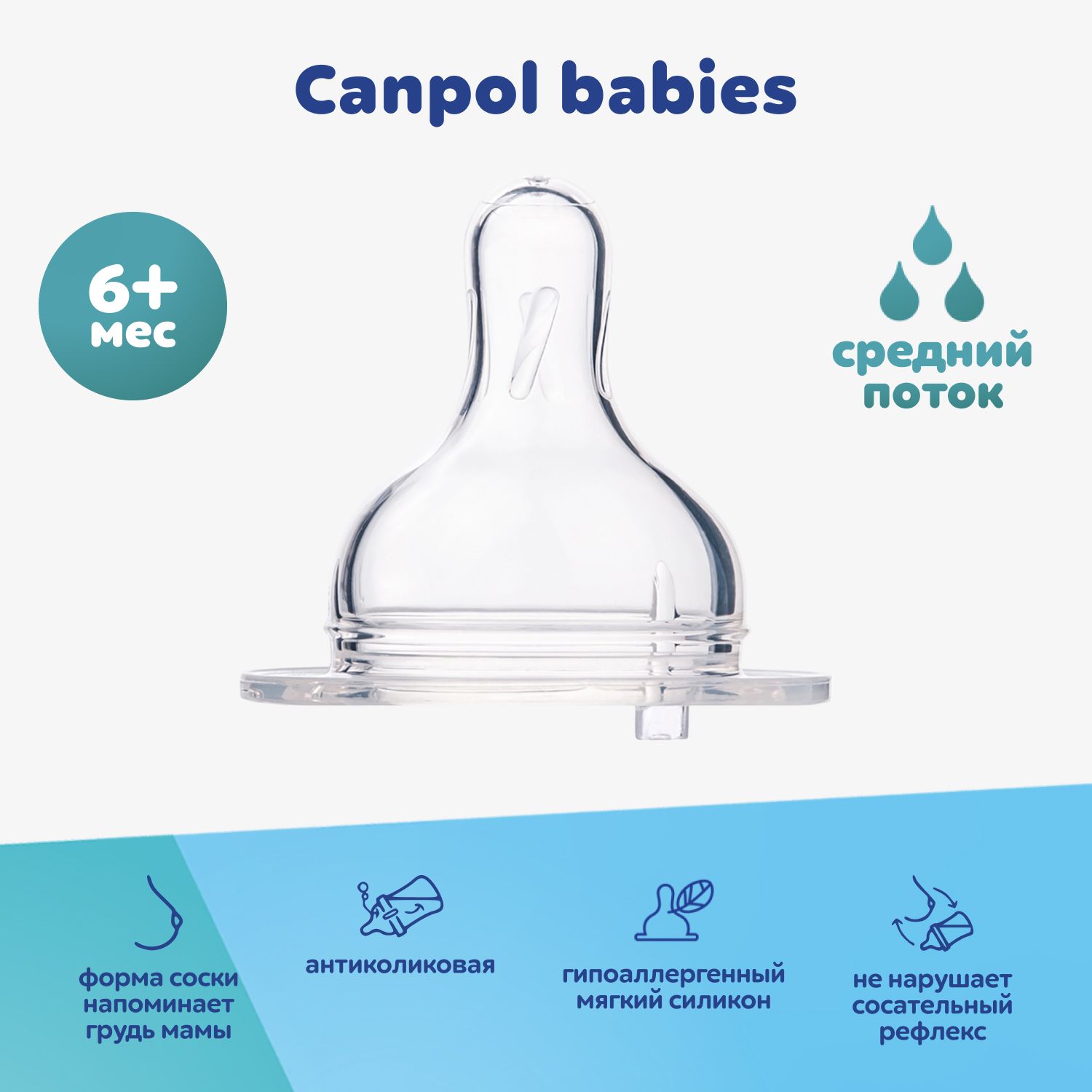 Соска для кормления из бутылочки Canpol babies детская силиконовая от коликов, от 6 месяцев, средний поток, широкое горлышко