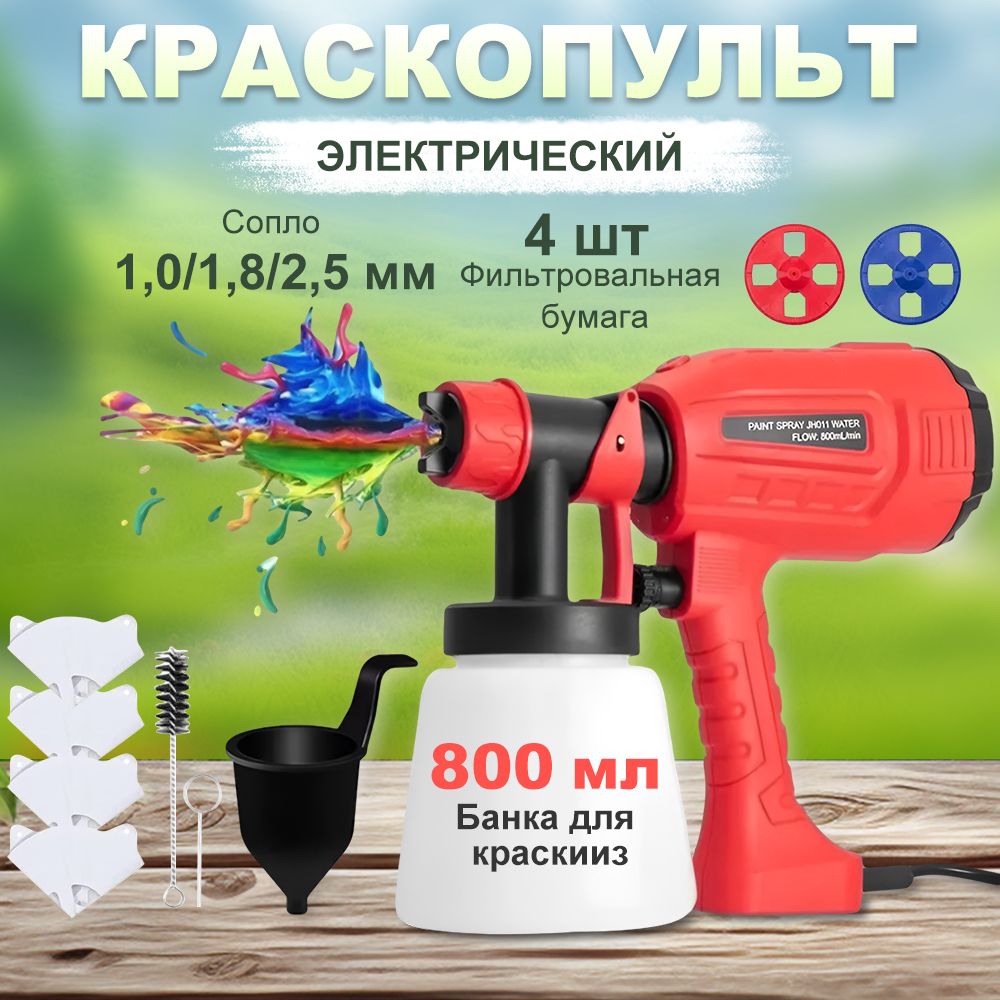 Краскопульт электрический (800W, 800 мл)Сопло: 1,0/1,8/2,5 ммчетыре  фильтровальных бумаги