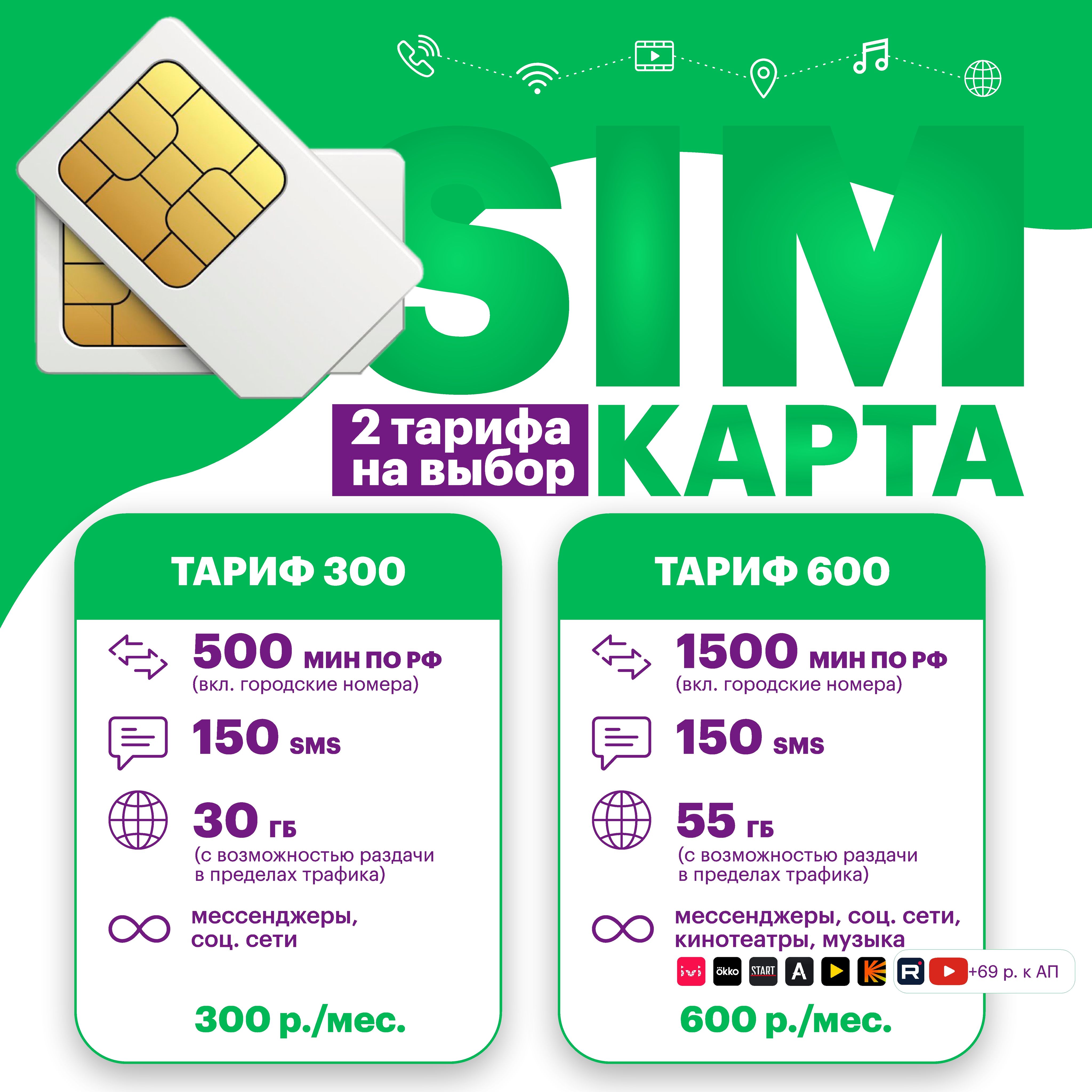 SIM-карта дешевый тариф МегаФон 500 минут 30 ГБ за 300 руб. - купить с  доставкой по выгодным ценам в интернет-магазине OZON (1568949505)