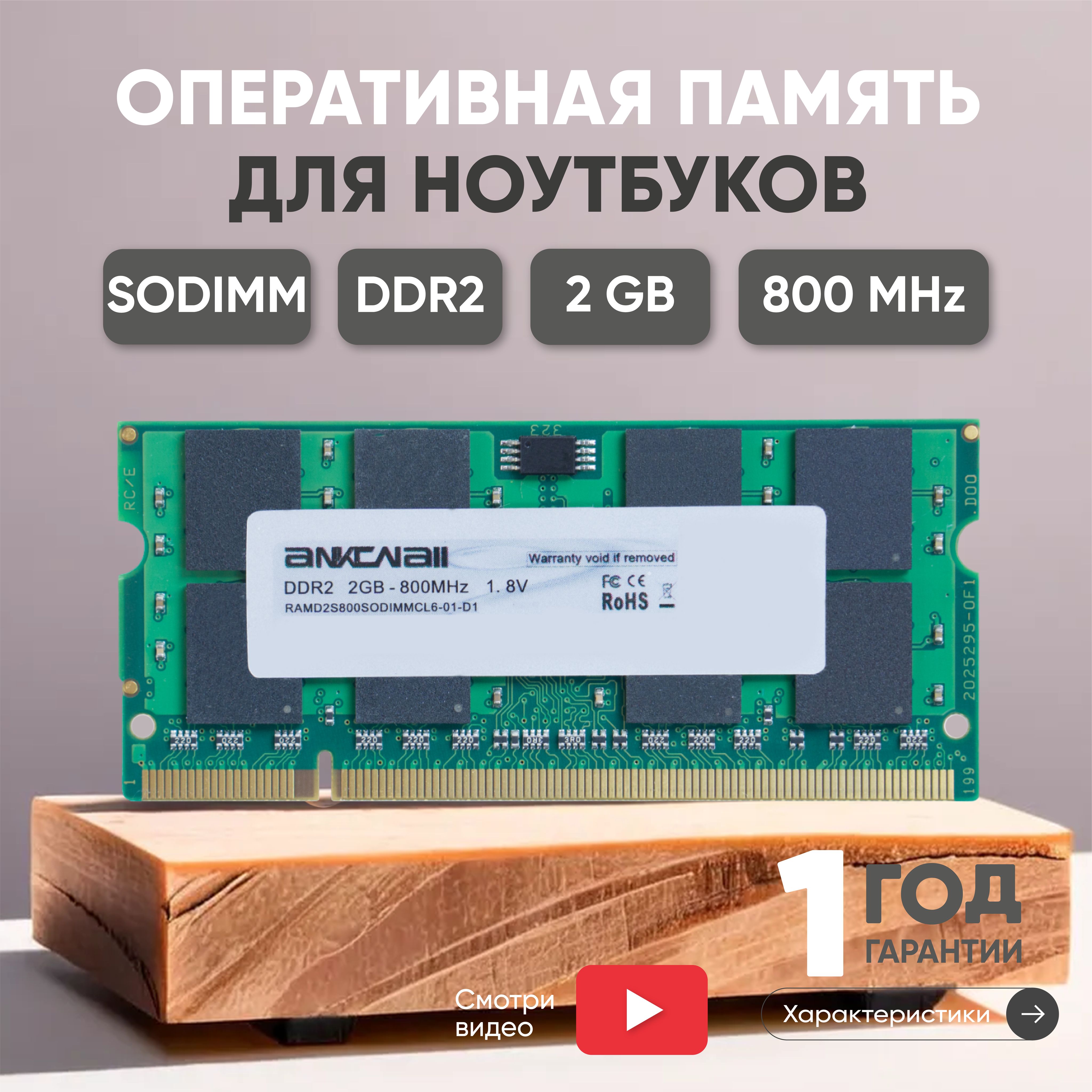 AnkowallОперативнаяпамять(ОЗУ,оперативка)дляноутбука,DDR2,2Gb,800MHz,1.8V,SODIMM,PC2-64001x2ГБ(RAMD2S800SODIMMCL6)