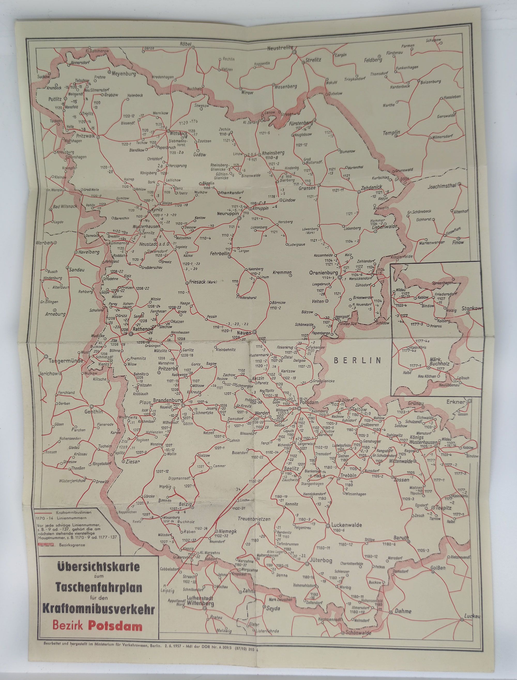 Карта автобусного сообщения - общественный транспорт Потсдам Potsdam Германия 1957 Берлин Berlin