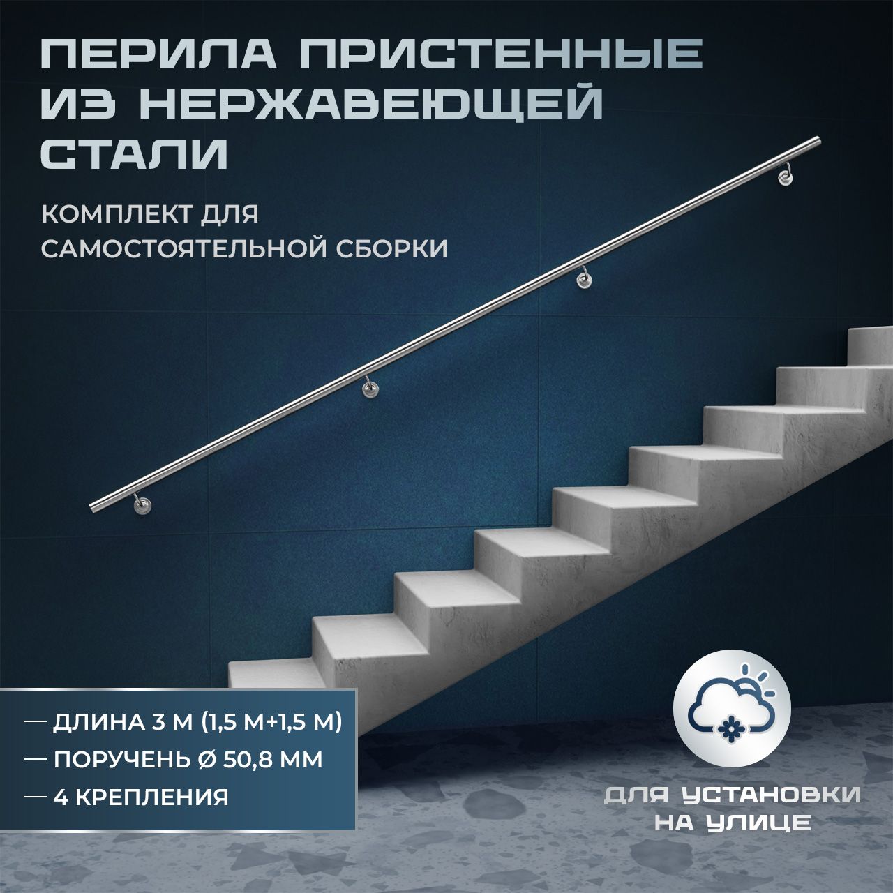 Поручень пристенный из нержавеющей стали aisi 304, длина 3 м (1,5 м+1,5 м), диаметр 50,8 мм, комплект для самостоятельной сборки НДС 20%