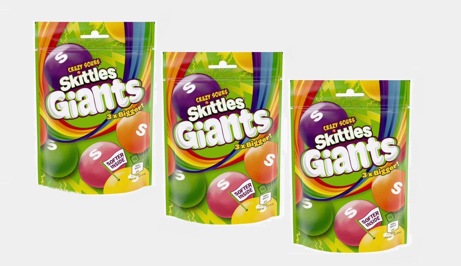 Конфеты жевательные "Skittles" Gigants (Crazy Sours)/ Скитлс гигант кислые ( 3 шт. х 132 гр)