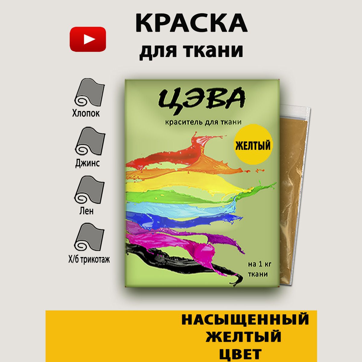 Краска для ткани желтая, ЦЭВА, краска для одежды, хлопка, джинс, желтая