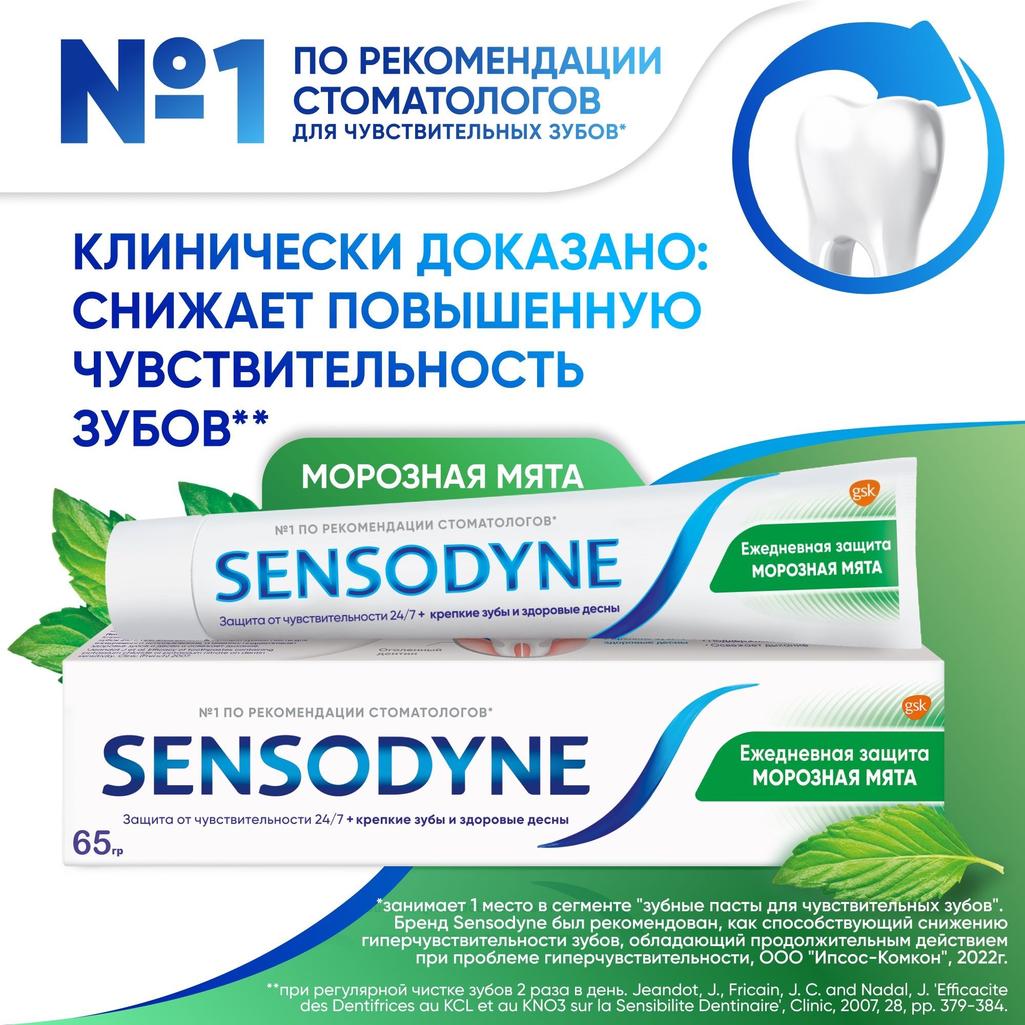 Зубная паста Sensodyne Ежедневная защита Морозная мята, для чувствительных зубов, с фтором, 65 г