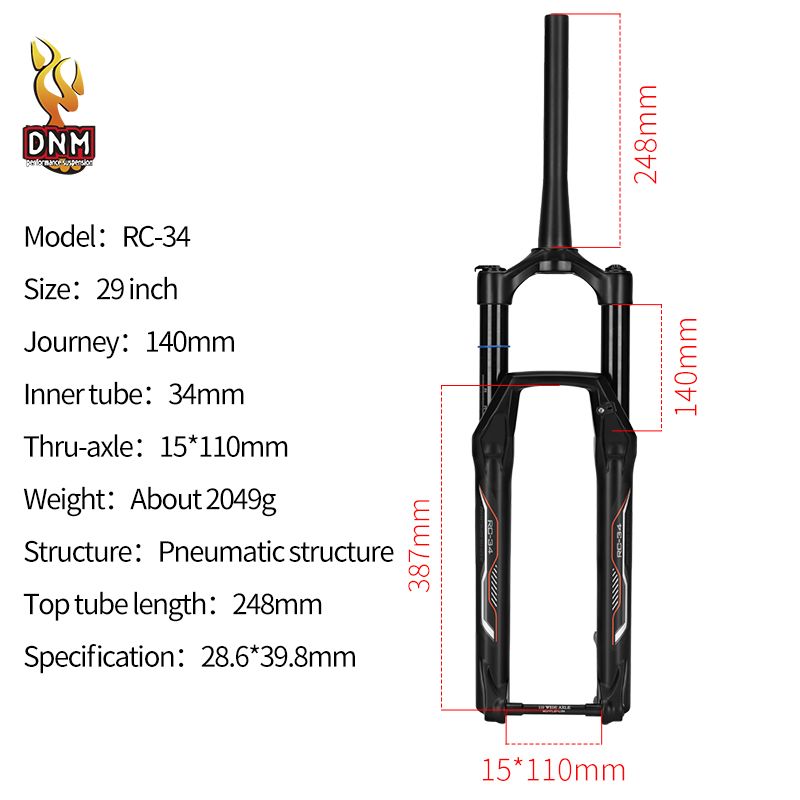 DNMRC34,передняявилкадлягорноговелосипеда,BOOST(15X110),диаметрвнутреннейтрубы34мм,передняявилкадлявелосипеда29дюйма,ход140мм