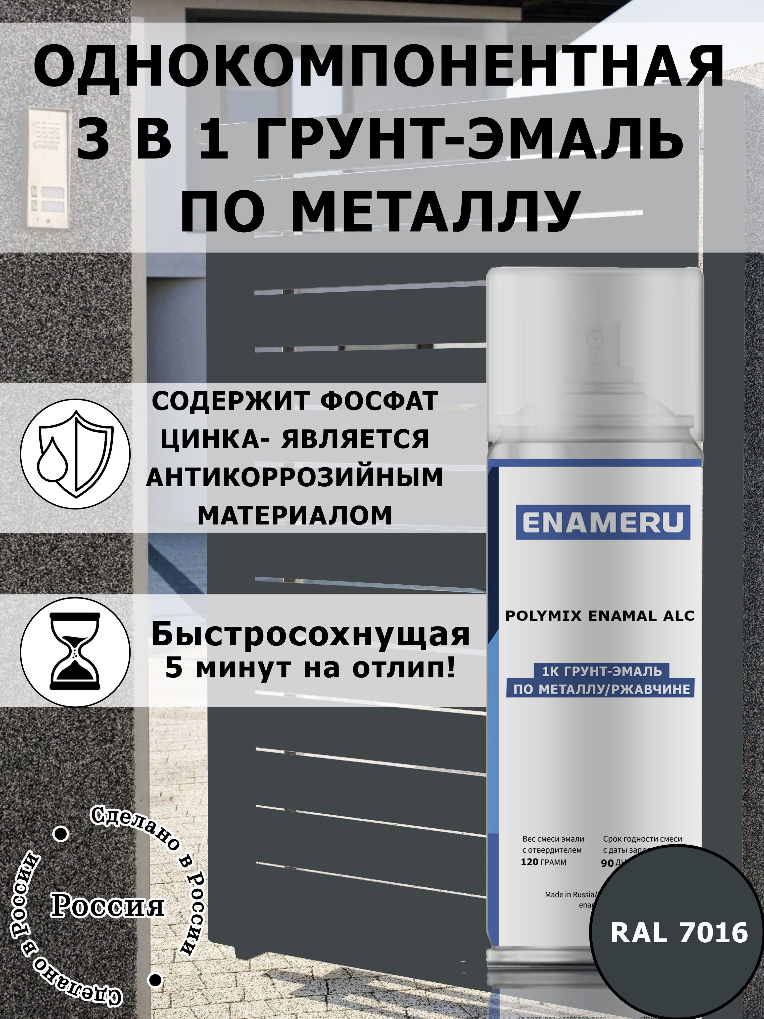 Краска Энамеру 3 в 1 по металлу, грунт эмаль быстросохнущая, матовая серая RAL 7016