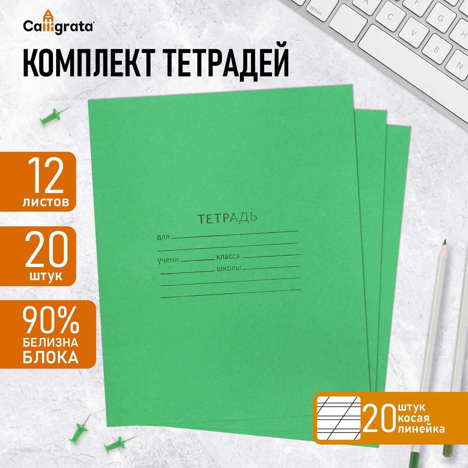 Комплект тетрадей из 20 штук, 12 листов в косую линию КПК "Зёленая обложка", блок офсет, белизна 90%