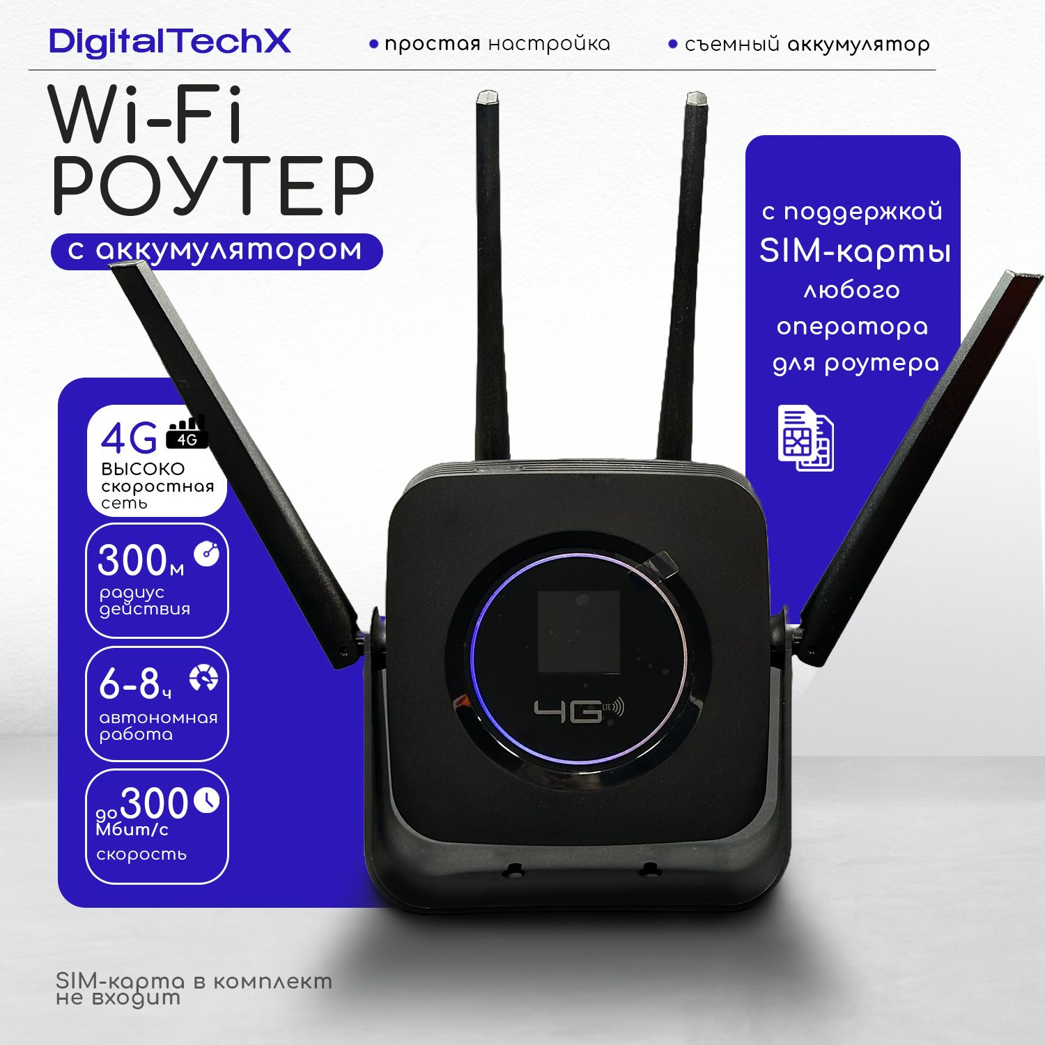 Роутер WiFi с сим картой, модем DigitalTechX с антеннами и аккумулятором, 4G, скорость до 300 мбит/сек