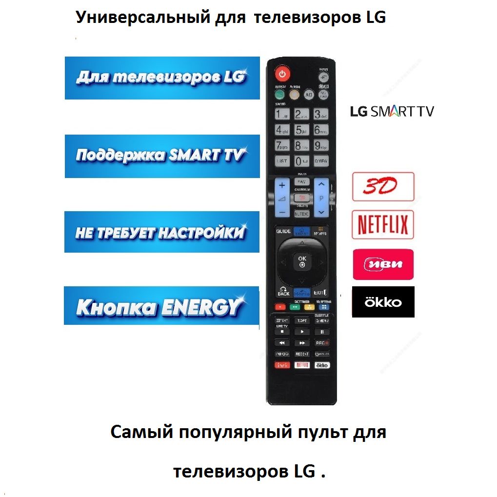 УниверсальныйпультдлятелевизоровLG.ВерсияSMART+HOME+ОККО+ИВИдляLGSmartTV.Работаетбезнастройки.