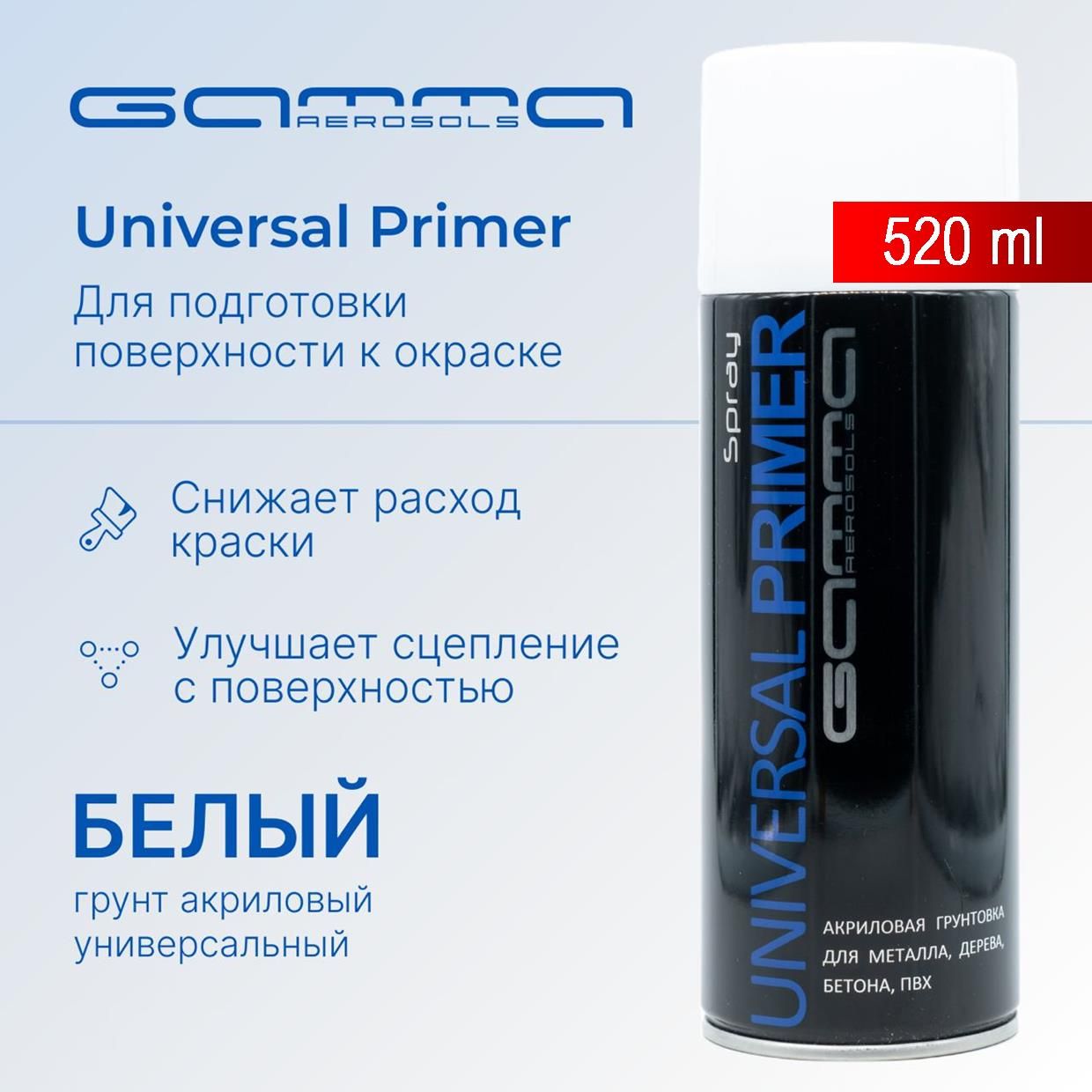 Грунтовка праймер 520мл акриловая белая аэрозольный баллончик Gamma Paint