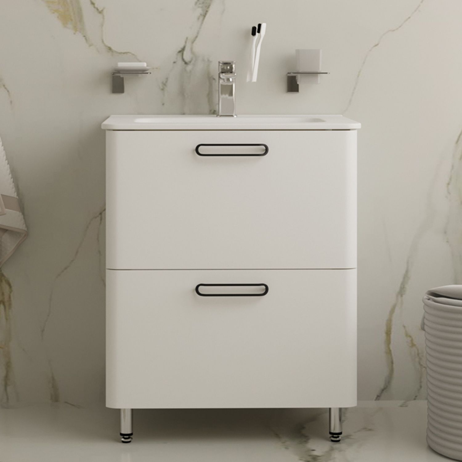 Фото товара на маркетплейсе ozon Тумба для ванной с раковиной, напольная, с ящиками, 60 см, белая, IDDIS, Brick, BRI60WFi95K