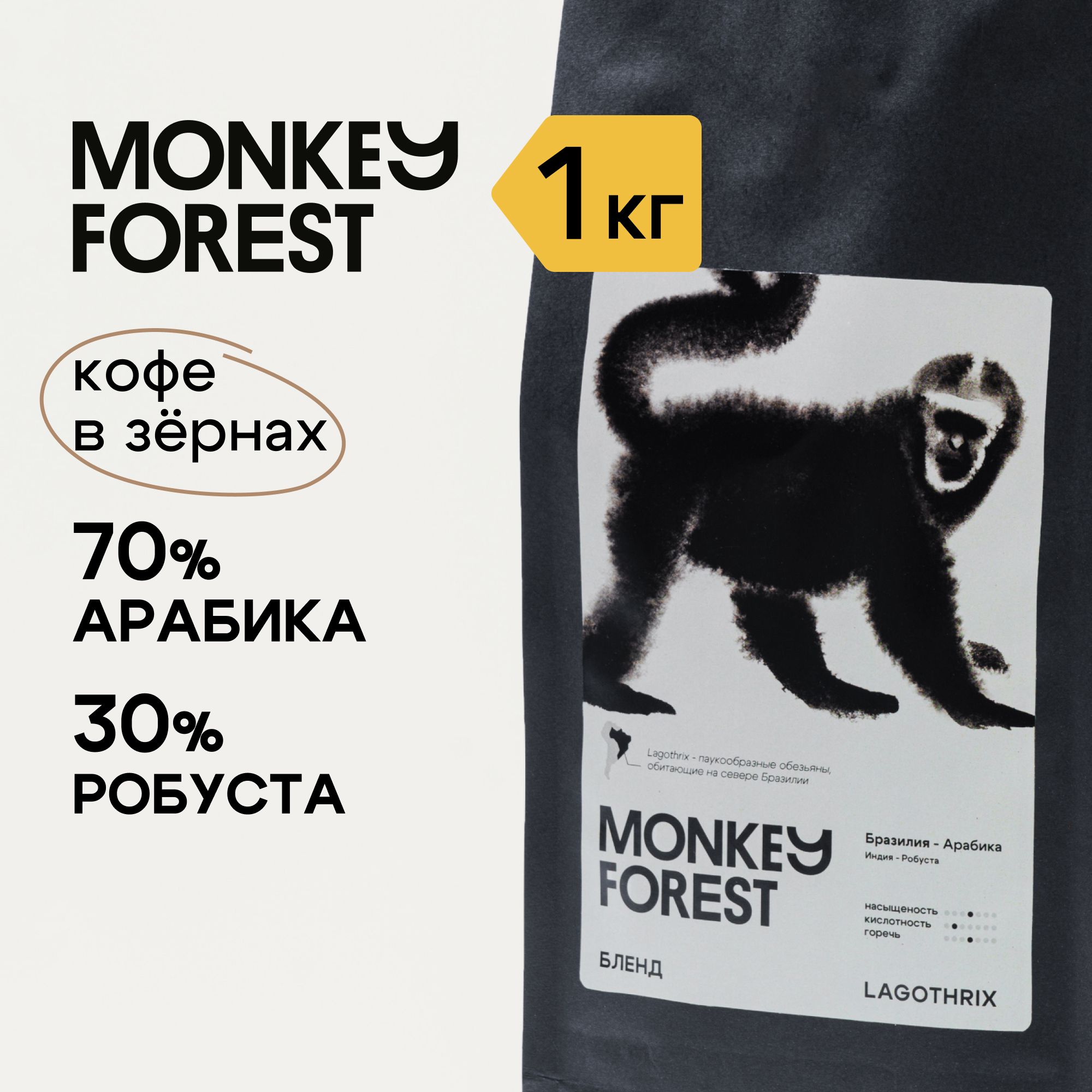 Кофе в зернах смесь 70% арабика / 30% робуста Monkey Forest Lagothrix 1 кг