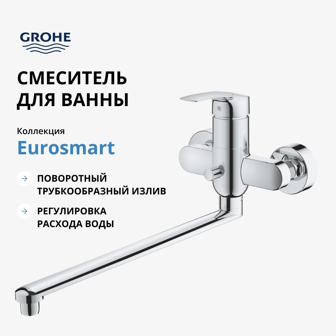 СмесительдляваннысдлиннымизливомGROHEEurosmart,однорычажный,хром