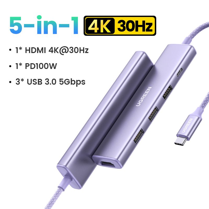 КонвертермногофункциональныйUGREENCM478(35582)USB-CToHDMI4K@32Hz+3*USB3.0A+PDPowerConverter.Цвет:нежныйфиолетовый