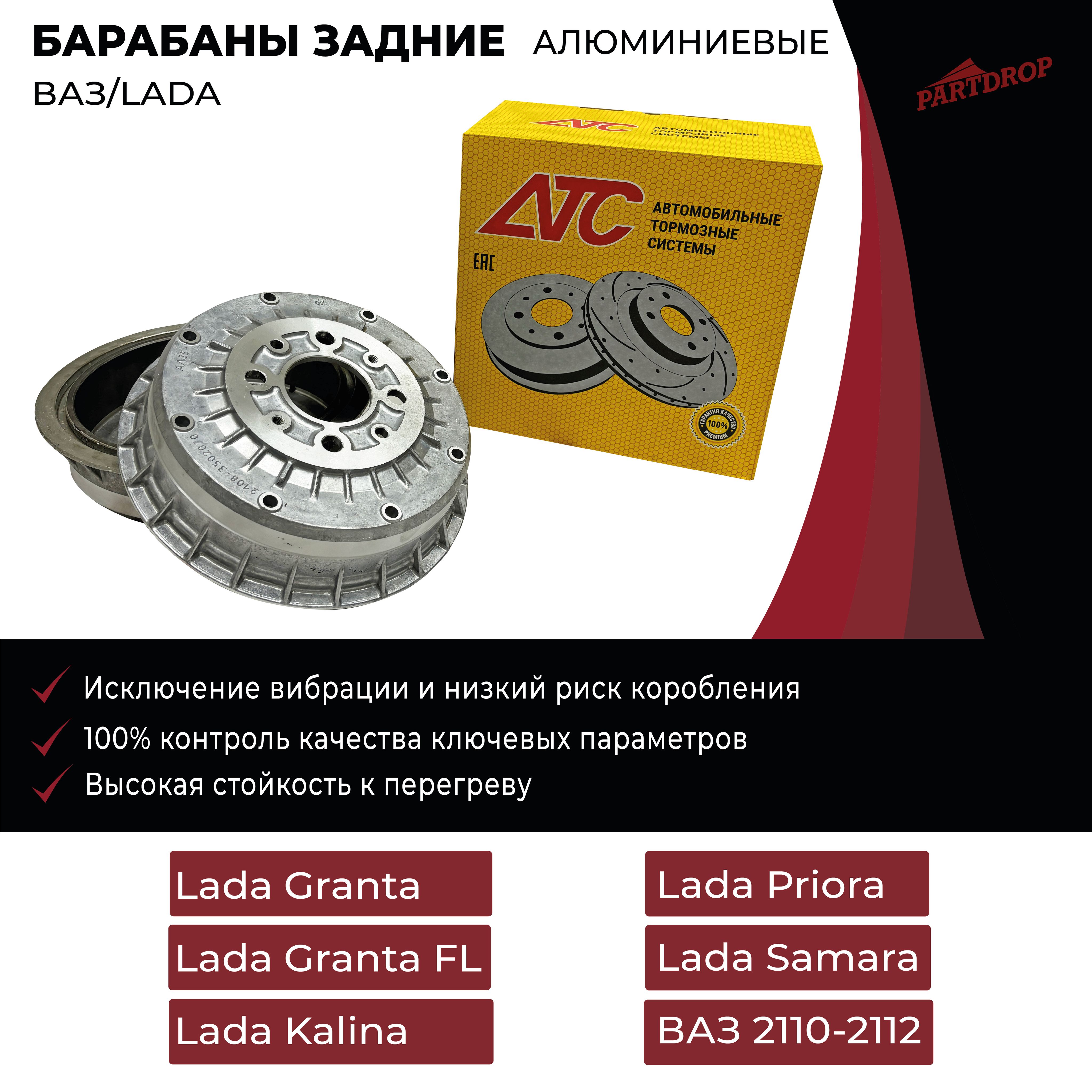 Задние тормозные барабаны АТС LADA Гранта, Приора, 2110-2112, 2108-2115 (алюминий) (2шт)