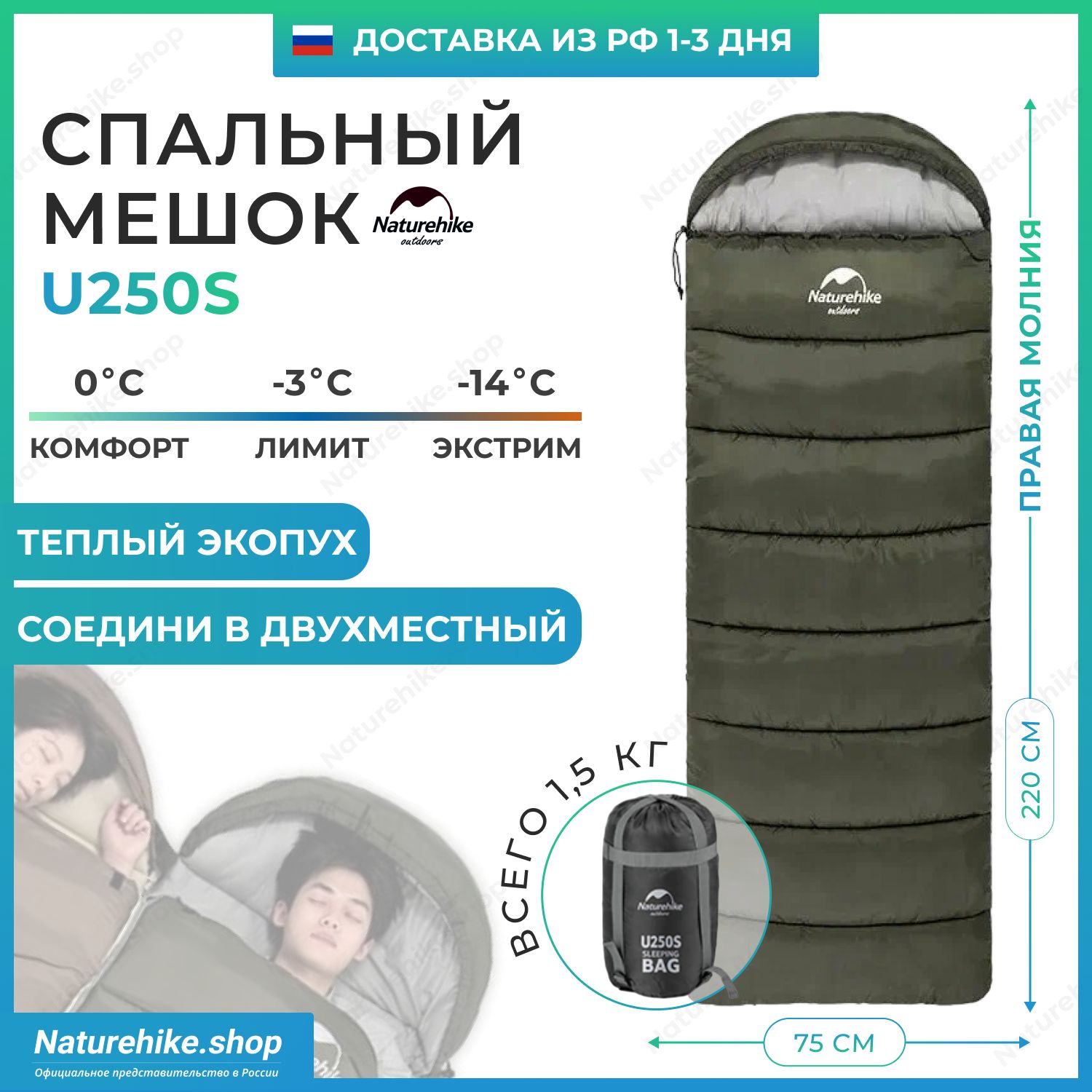 Спальный мешок Naturehike u250s / до -14C, вес 1.5 кг, зеленый, молния справа / превращается в двухместный спальник