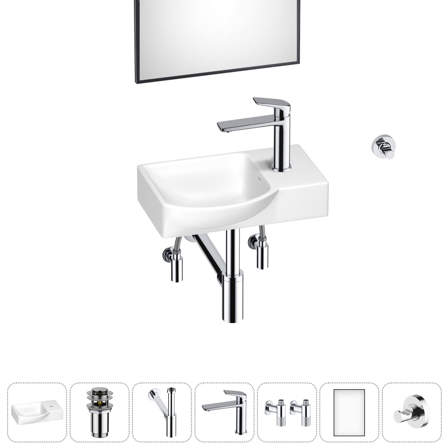 Маленькая раковина в туалет Wellsee WC Area 202011913 в наборе 7 в 1: накладная или подвесная раковина, донный клапан, сифон, смеситель, вентили, зеркало, крючок (цвет набора хром)