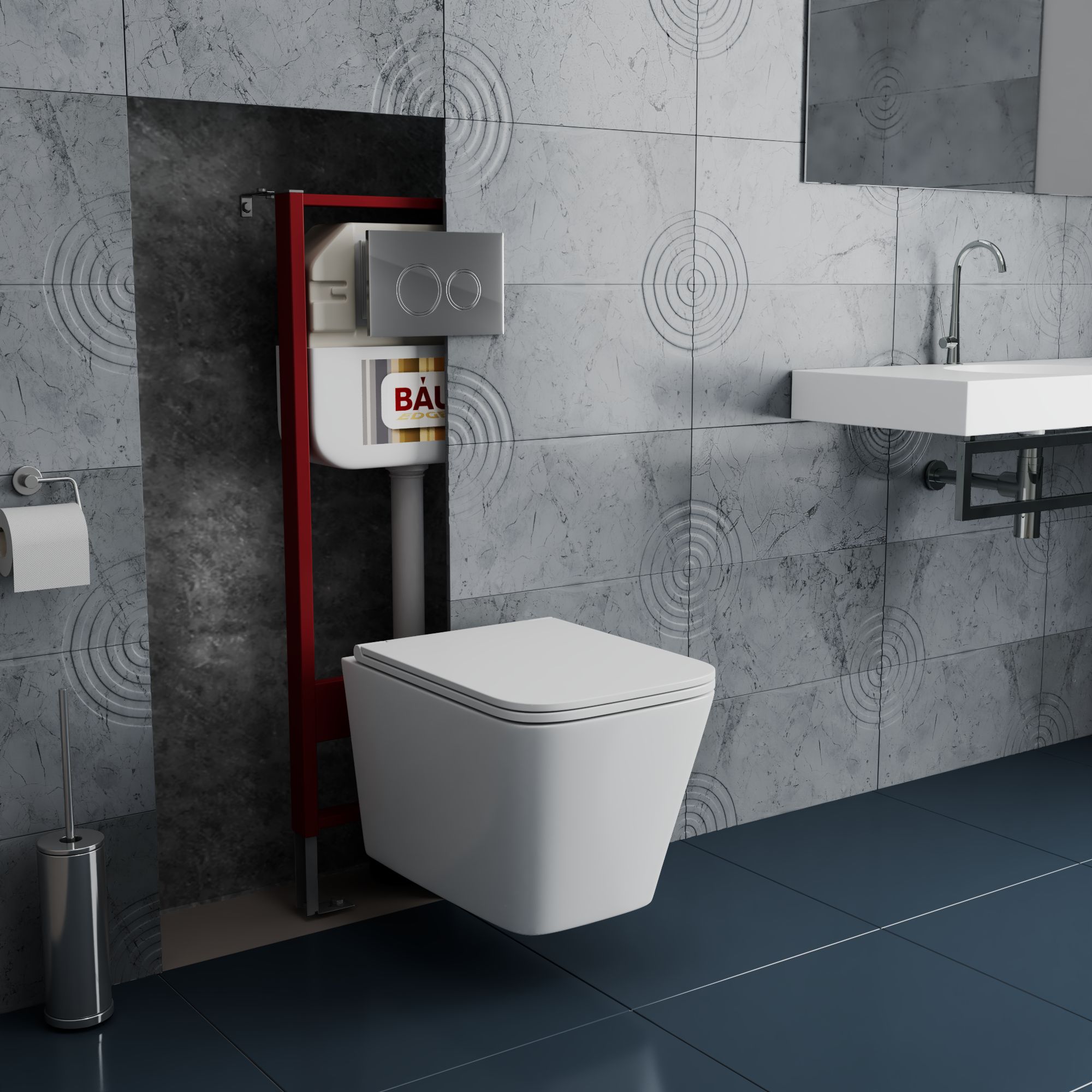 Комплект BAU 6 в 1: рамная инсталляция BAU NEO 45, унитаз подвесной безободковый OWL Vatter Ruta-H 53x36,5, быстросьёмное сиденье микролифт, круглая хромированная клавиша Aquanika