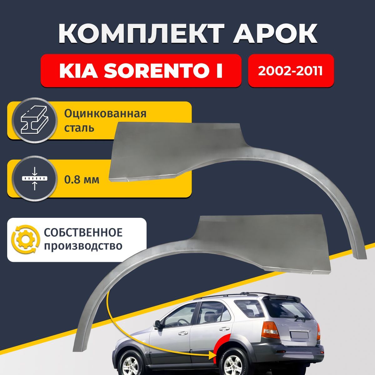 Комплект задних ремонтных арок для автомобиля (2 шт.) Kia Sorento 1 2002-2011 (Киа Соренто 1). Оцинкованная сталь 0,8 мм.