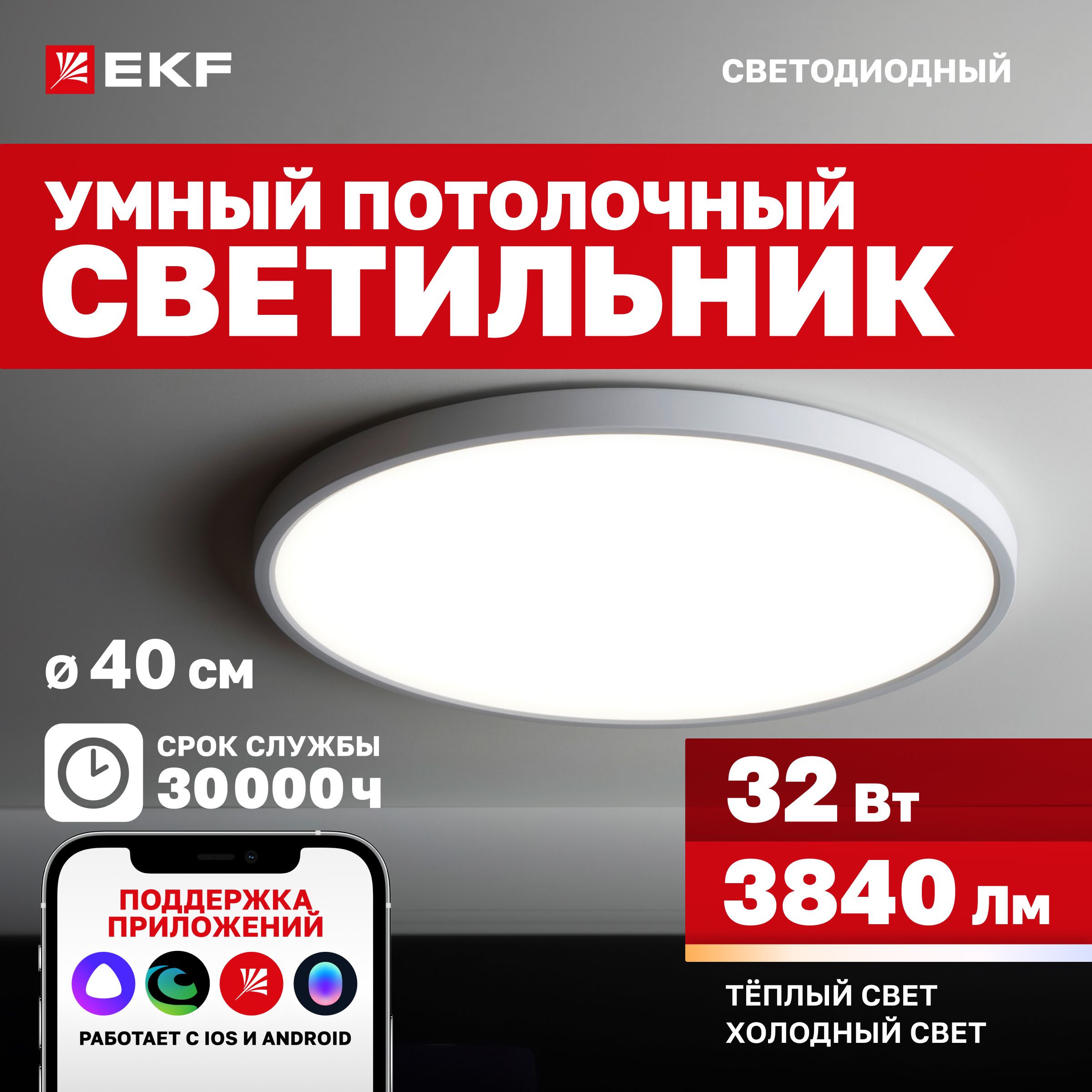 Умный потолочный светодиодный светильник EKF Connect, 32W, 40 см с Wi-Fi, Яндекс Алисой, Марусей, Салютом