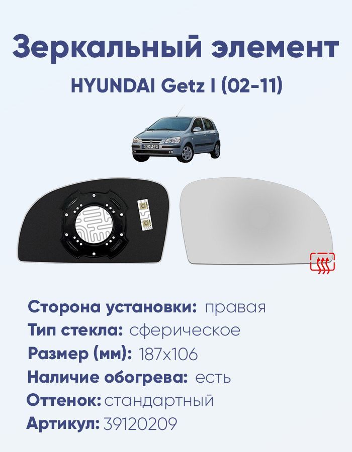 Зеркальный элемент правый HYUNDAI Getz I (02-11) сфера нейтральный с обогревом