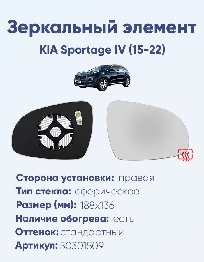 Зеркальный элемент правый KIA Sportage IV (15-22) сфера нейтральный с обогревом