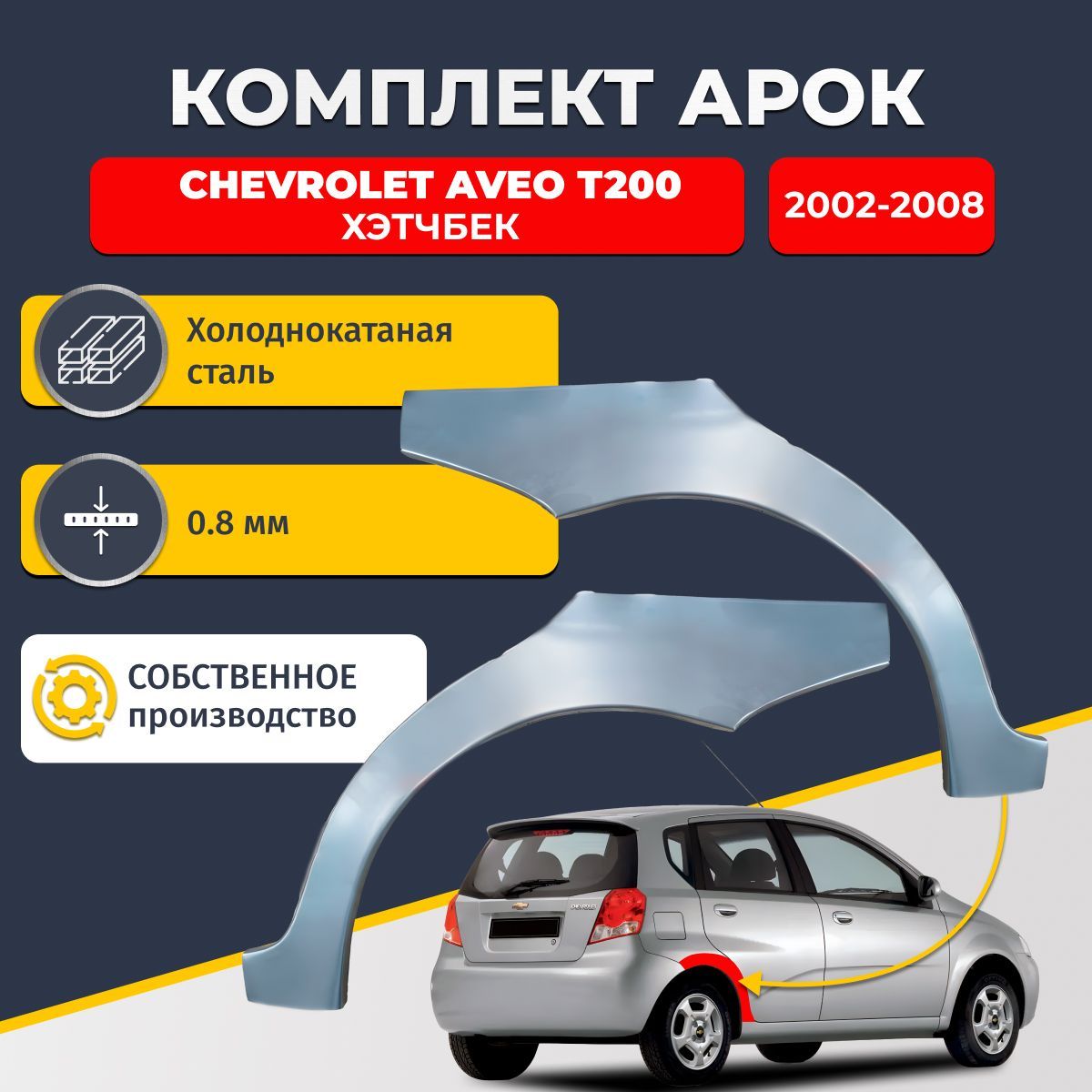 Комплект задних ремонтных арок для автомобиля (2 шт.), Chevrolet Aveo T200 2002-2008 хэтчбек 5 дверей (Шевроле Авео Т200). Холоднокатаная сталь 0,8мм.