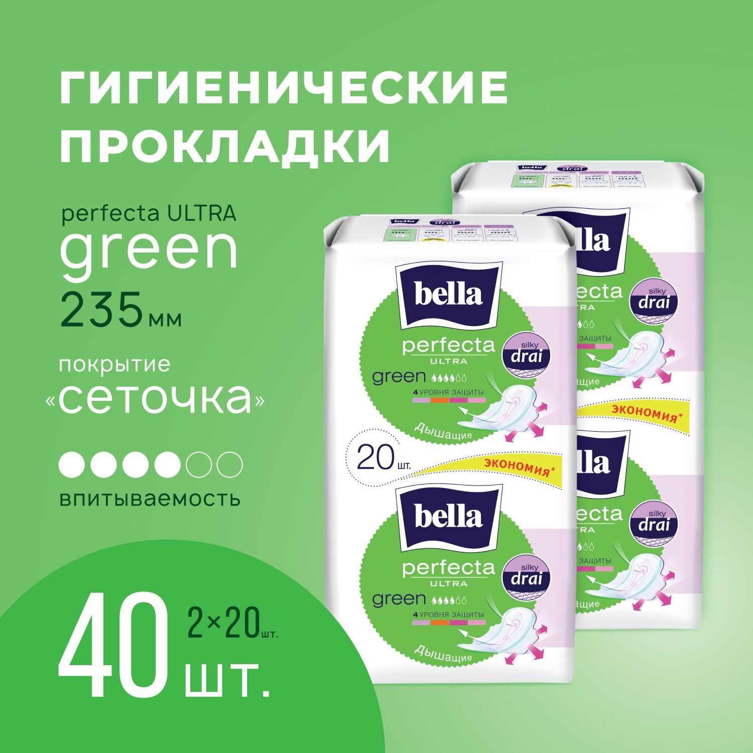 Прокладки женские ультратонкие сеточка bella Perfecta Ultra Green без аромата, 20 шт. х 2 уп./ 40 шт.