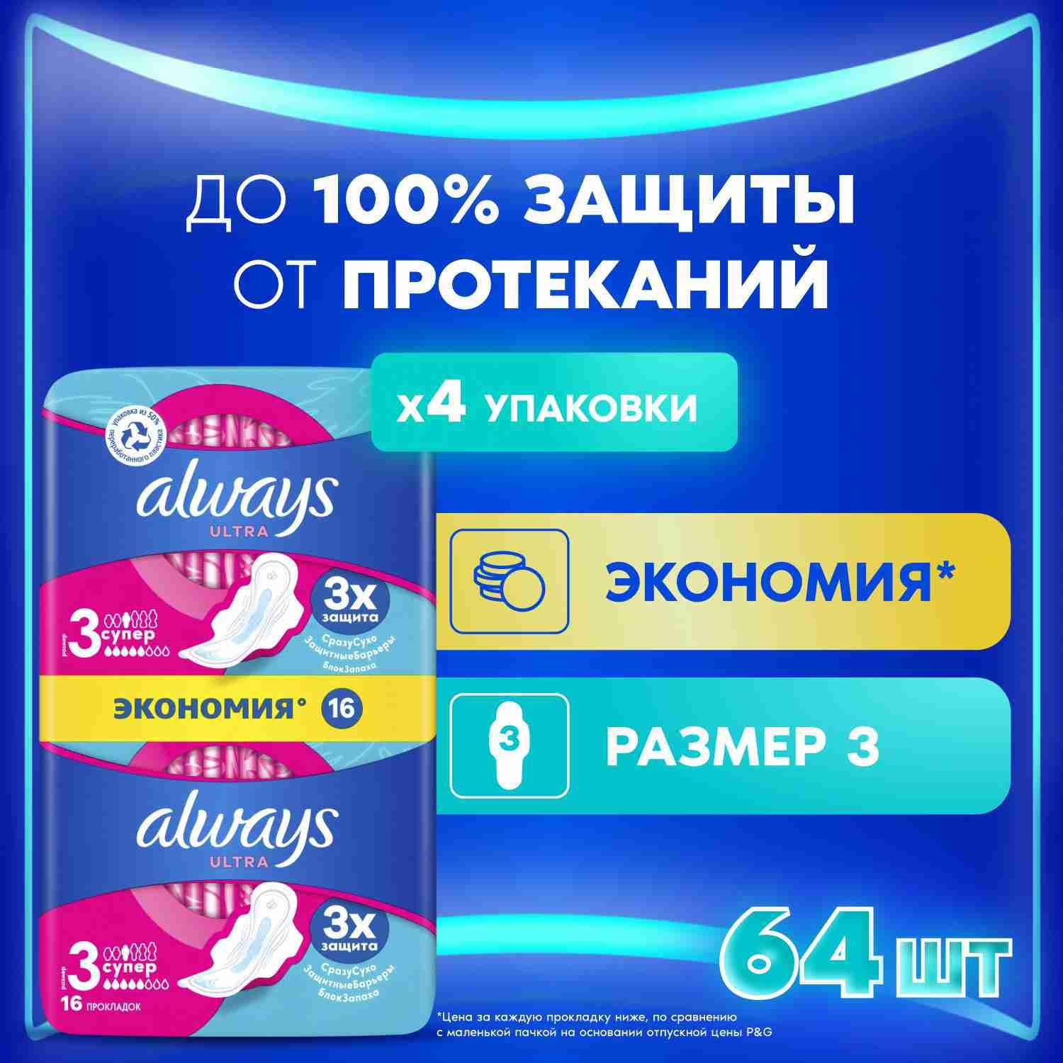 Прокладки гигиенические Always Ultra Супер 3 размер, 64 шт.