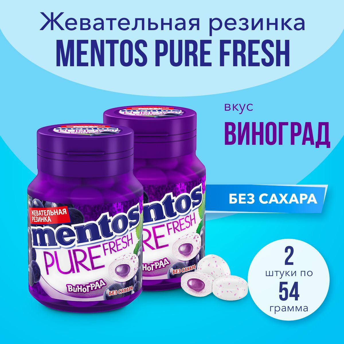 Жевательная резинка Mentos Pure Fresh вкус Виноград, 2 шт по 54 г